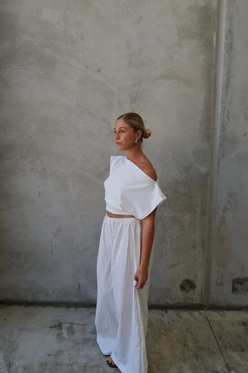 ELASTIC WAIST BAGGY PANTS - BEIGE STRIPE