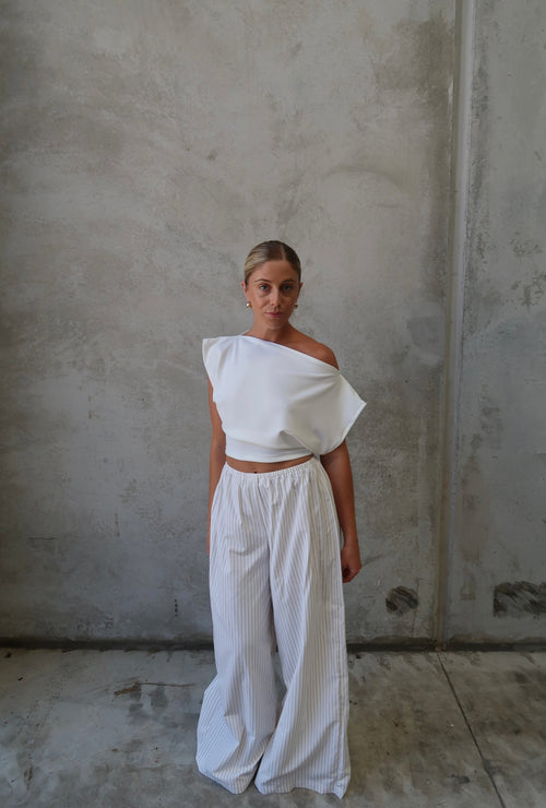 ELASTIC WAIST BAGGY PANTS - BEIGE STRIPE